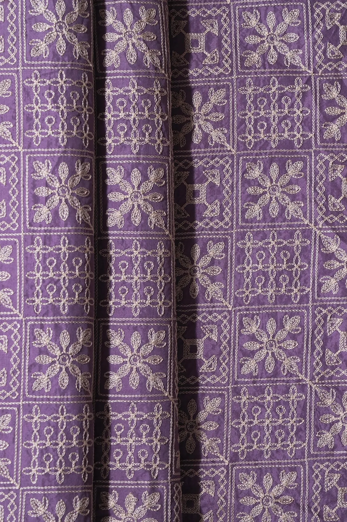 Cream Thread Geometric Embroidery Work On Lavender Viscose Muslin Silk Fabric