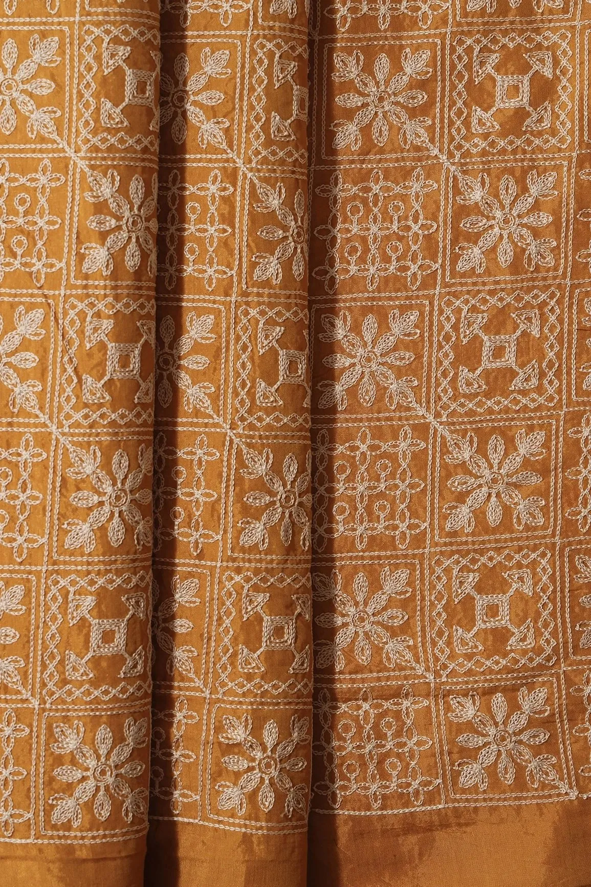 Cream Thread Geometric Embroidery Work On Mustard Viscose Muslin Silk Fabric