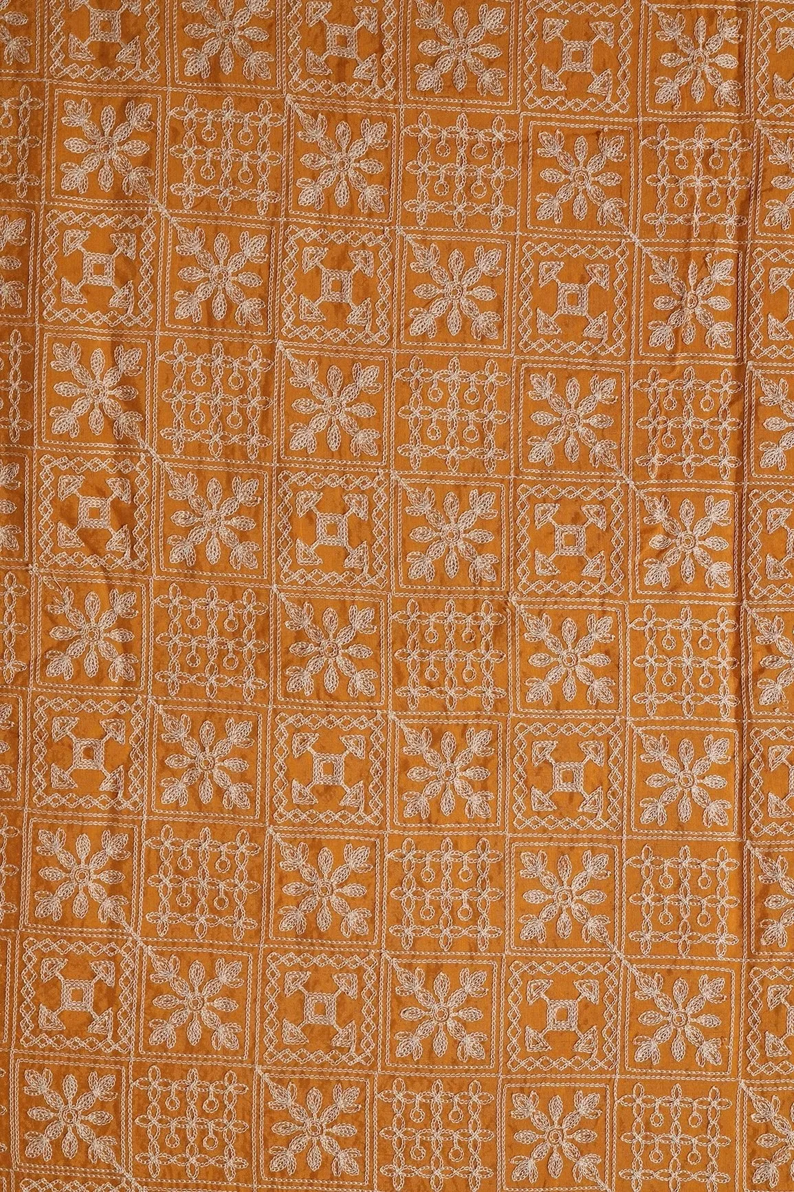 Cream Thread Geometric Embroidery Work On Mustard Viscose Muslin Silk Fabric