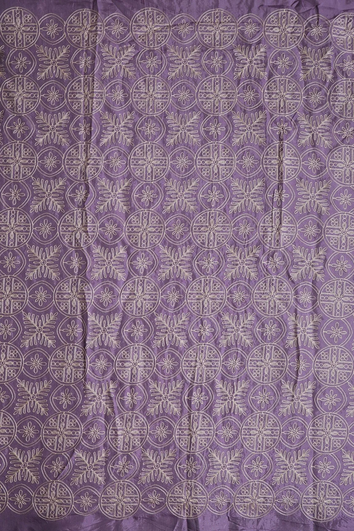 Cream Thread Traditional Embroidery Work On Lavender Viscose Muslin Silk Fabric