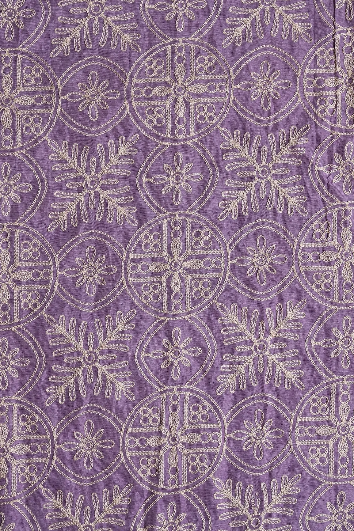 Cream Thread Traditional Embroidery Work On Lavender Viscose Muslin Silk Fabric