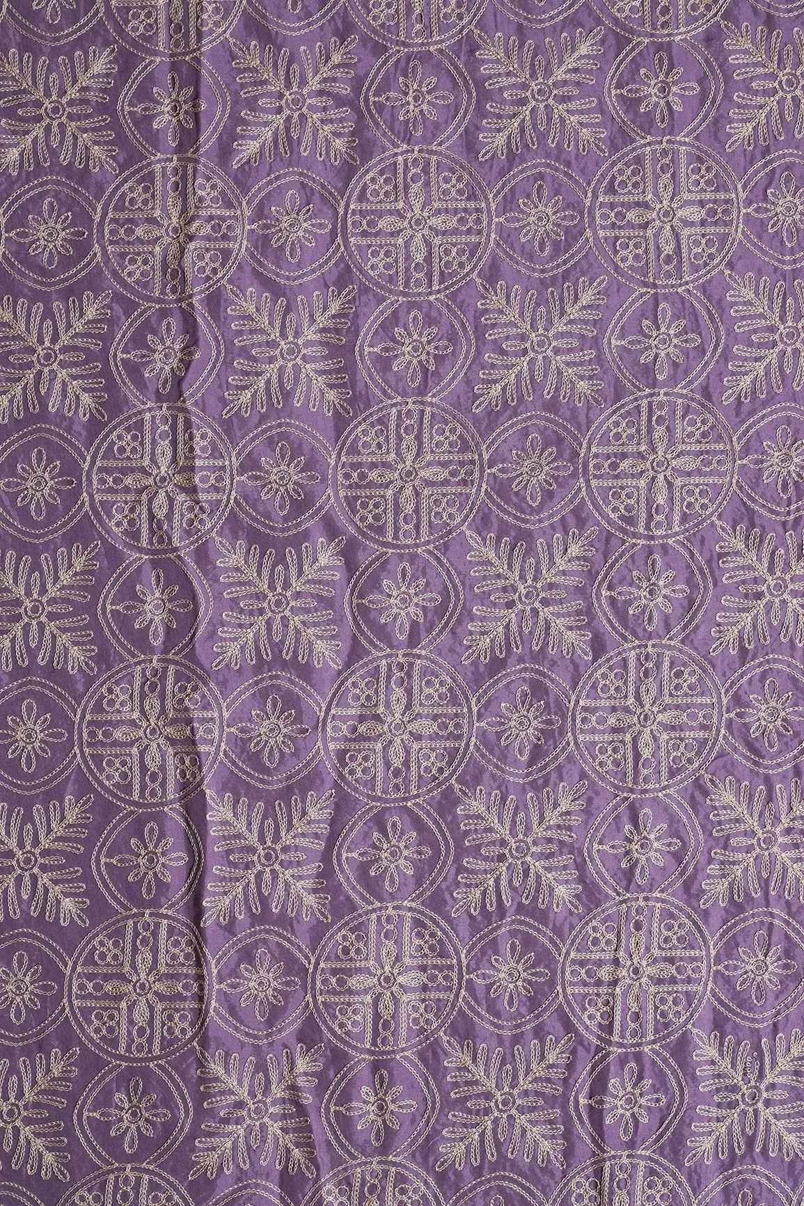 Cream Thread Traditional Embroidery Work On Lavender Viscose Muslin Silk Fabric