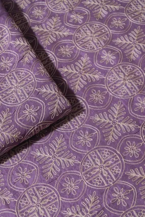 Cream Thread Traditional Embroidery Work On Lavender Viscose Muslin Silk Fabric