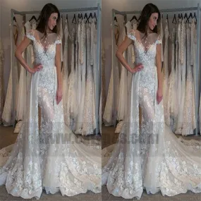 Dramatic Mermaid Wedding Dresses, Bateau Short Sleeves Detachable Train Wedding Dresses, TYP0734