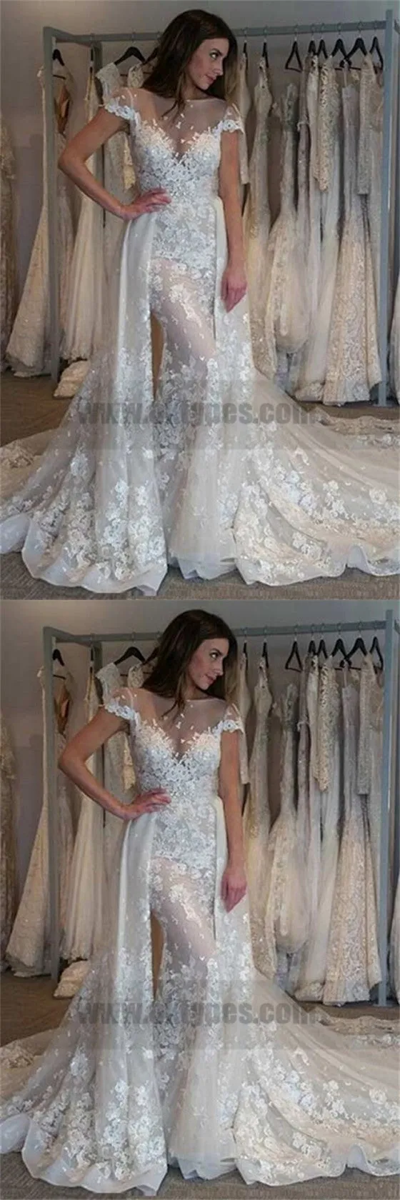 Dramatic Mermaid Wedding Dresses, Bateau Short Sleeves Detachable Train Wedding Dresses, TYP0734