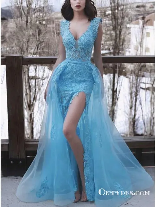 Dreamy Mermaid Blue V-neck Sleeveless Prom Dresses with Detachable Train Split, TYP1740