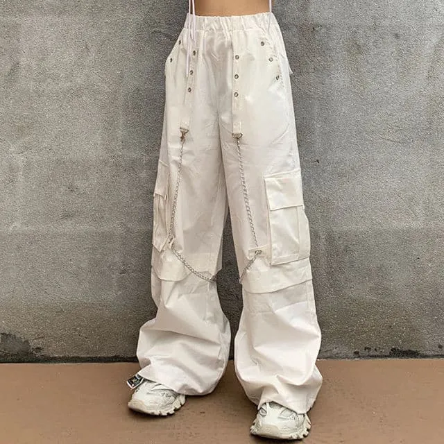 DressBetty - Mall Goth White Cargo Pants Women Gothic Harajuku Hippie Streetwear Chain Punk Loose Trouser Baggy Oversize Korean Style