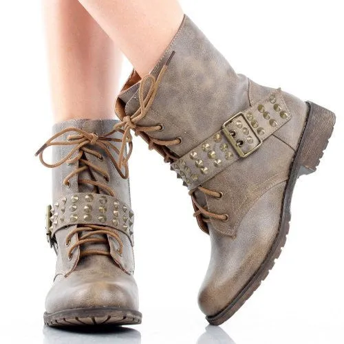 Harley-13 Brown Lace up Studded Spike Buckle Combat Boot