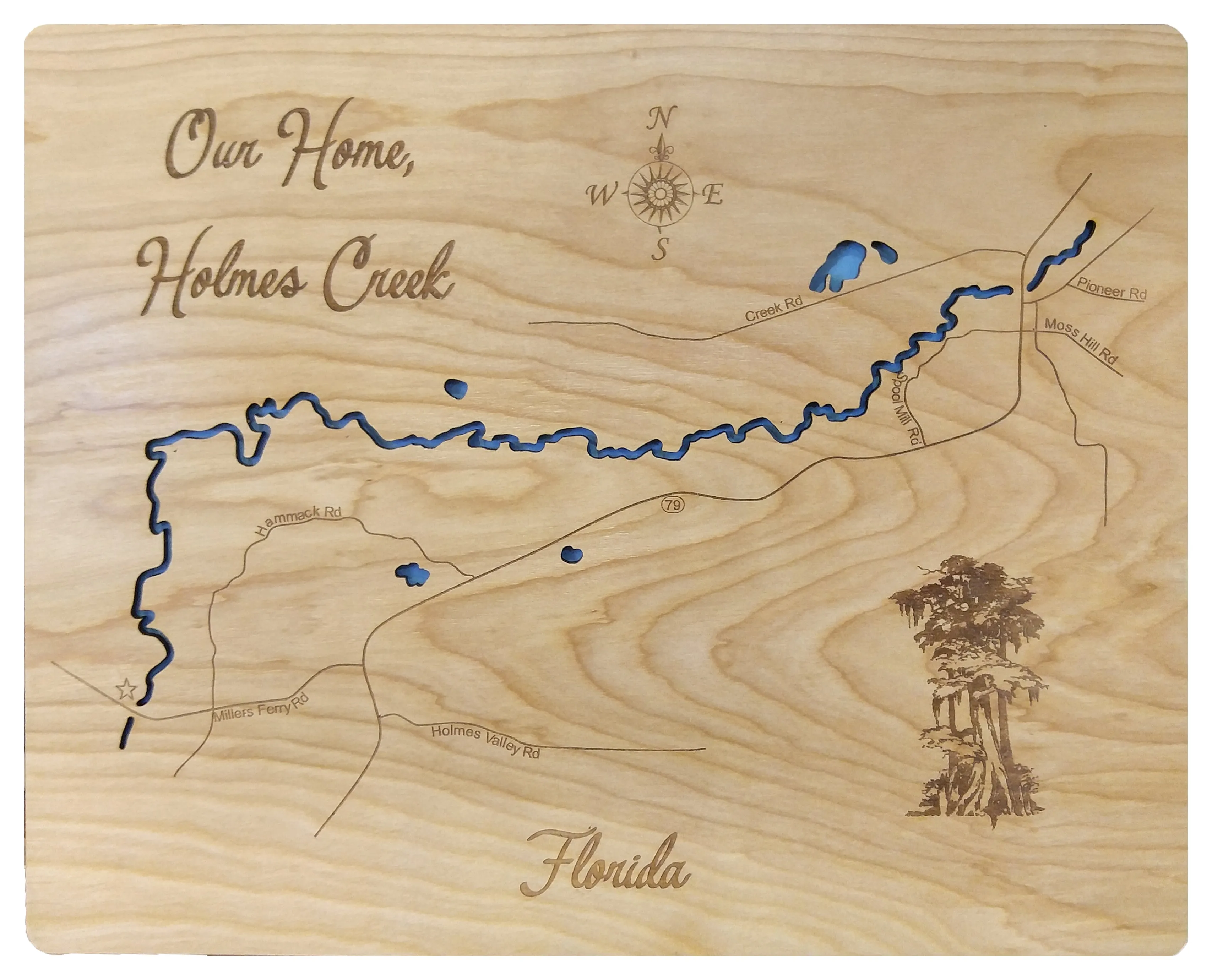 Holmes Creek, Florida - Laser Cut Wood Map