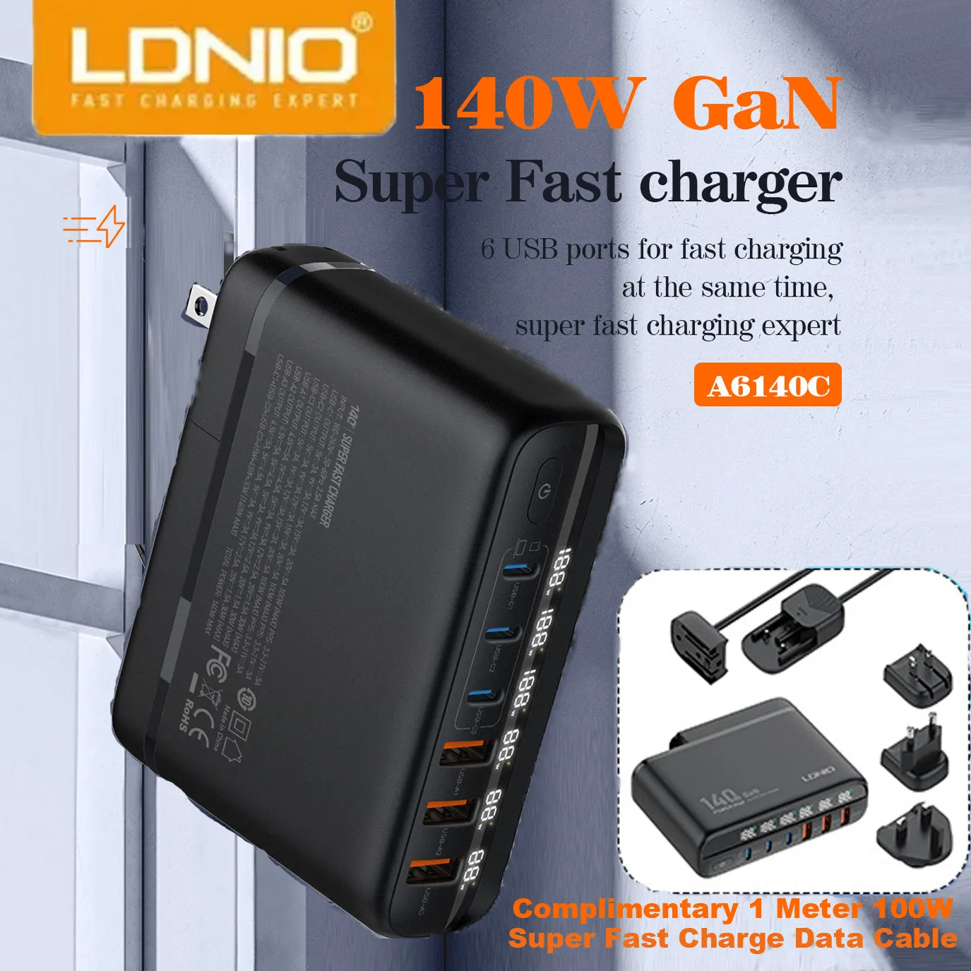 LDNIO A6140C GaN 140W Travel Wall Charger Adpater PD QC3.0 Super Fast Charging USB Type C 6 Port For Laptop Phone Tablet