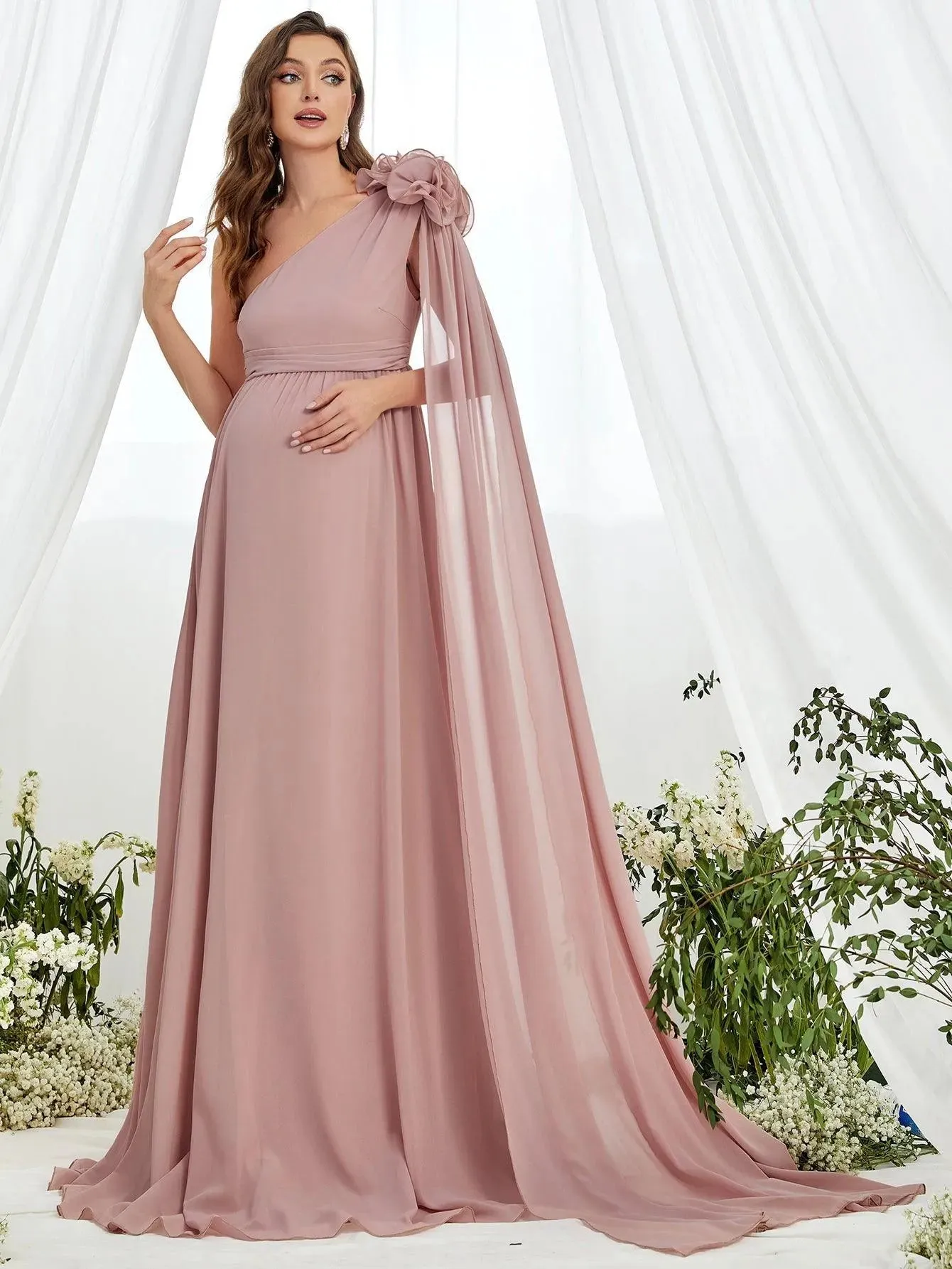 Maternity Stereo Flower Decor One Shoulder Chiffon Dress