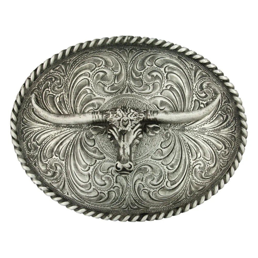 Oval Longhorn Classic Antiqued Attitude Belt Buckle by Montana Silversmiths