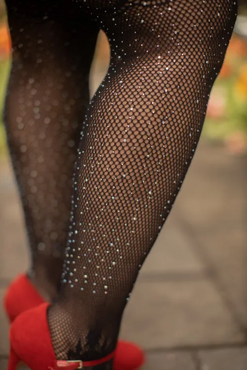 Plus Size Rhinestone Lace Top Fishnet Stockings with Attached Garter