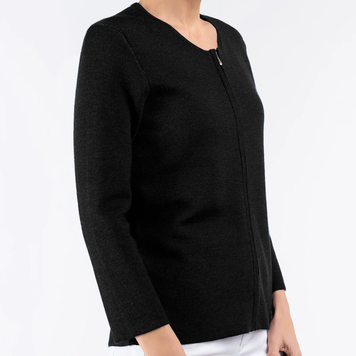 Round Neck Zip Cardigan in Black