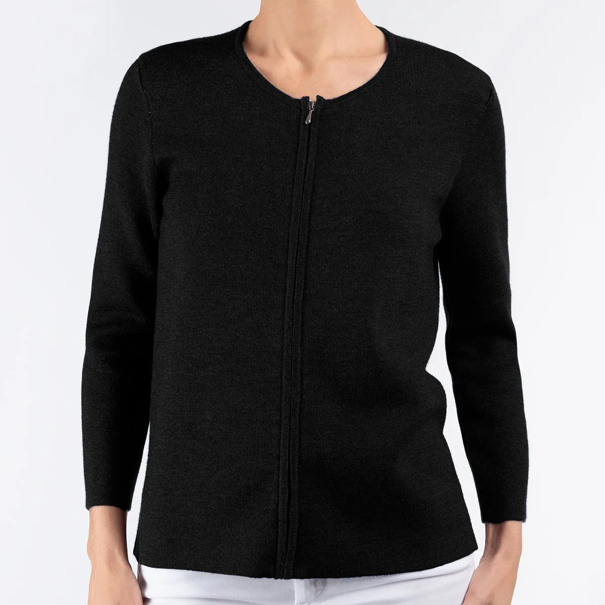 Round Neck Zip Cardigan in Black