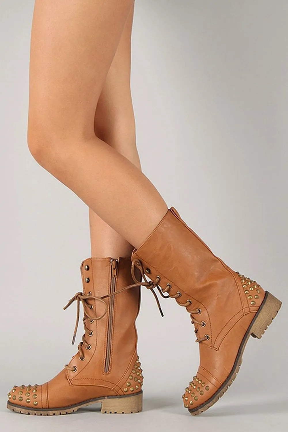 Studded Military Inspired Lace Up Mid Calf Combat Boots