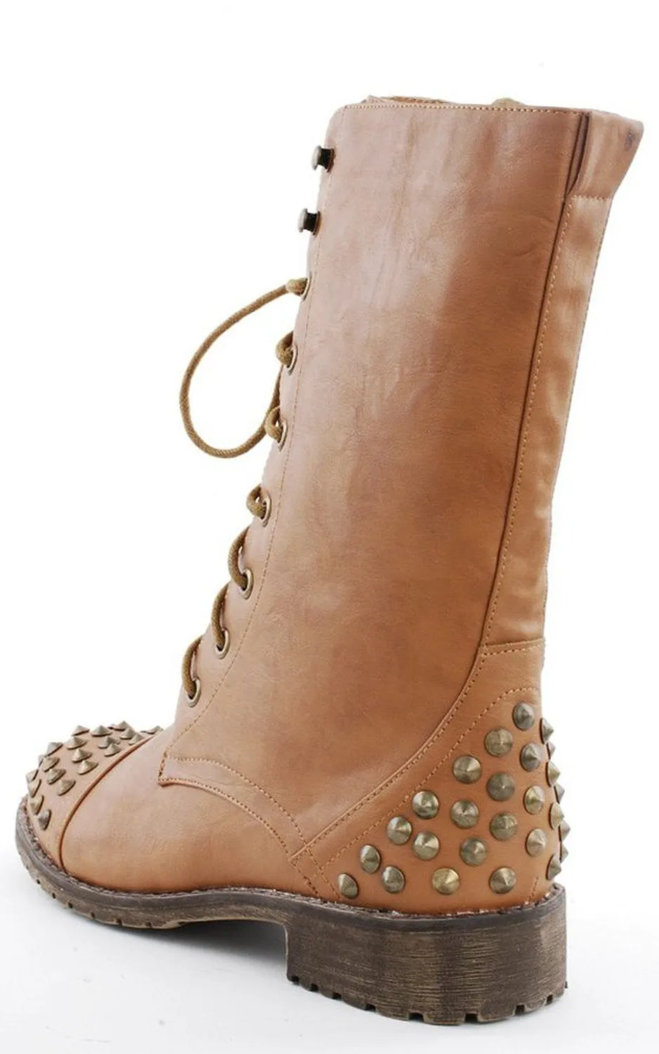 Studded Military Inspired Lace Up Mid Calf Combat Boots