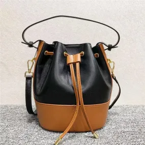 Women Leather Bucket Bag, Women Chic Distressed Leather Shoulder Bag, Women Leather Crossbody dark brown and Black Bucket Women Pouch Bag