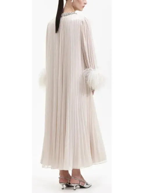 Women’s Chiffon Pleated Feather-Trim Embellished Dress, Creamy Beige